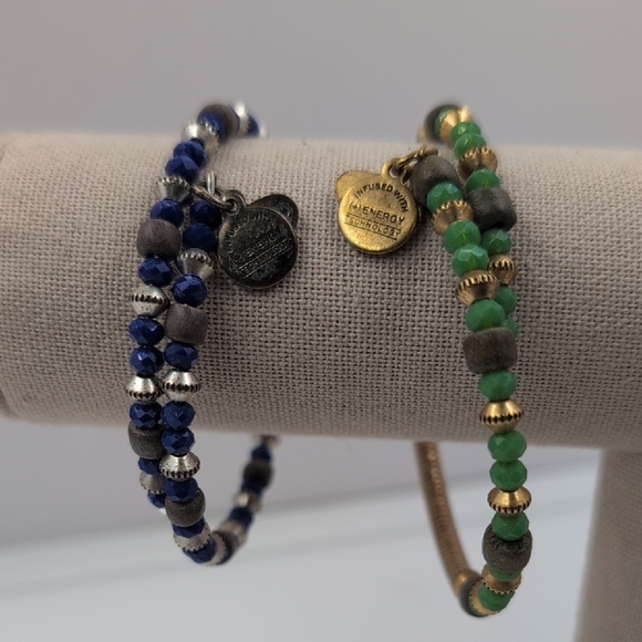 Alex and Ani Blue and Green Beaded Bracelets with Metallic Accents - Picture 2 of 5